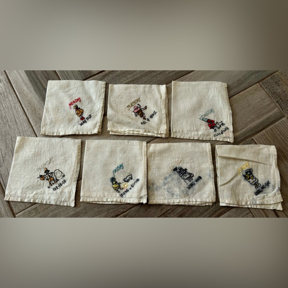 VINTAGE 7 Linen Embroidered Mondays Child Days of Week Handerkerchiefs Napkins